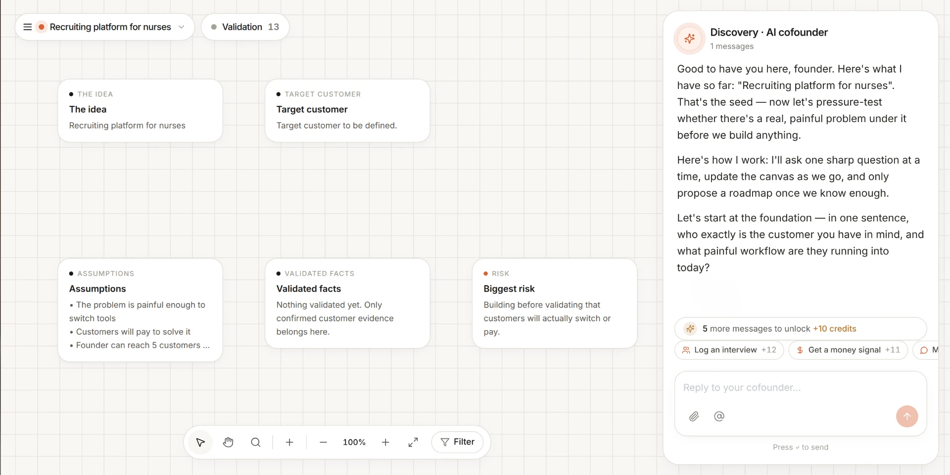 Wedge workspace canvas with idea, target customer, assumptions and risk cards beside the AI cofounder chat