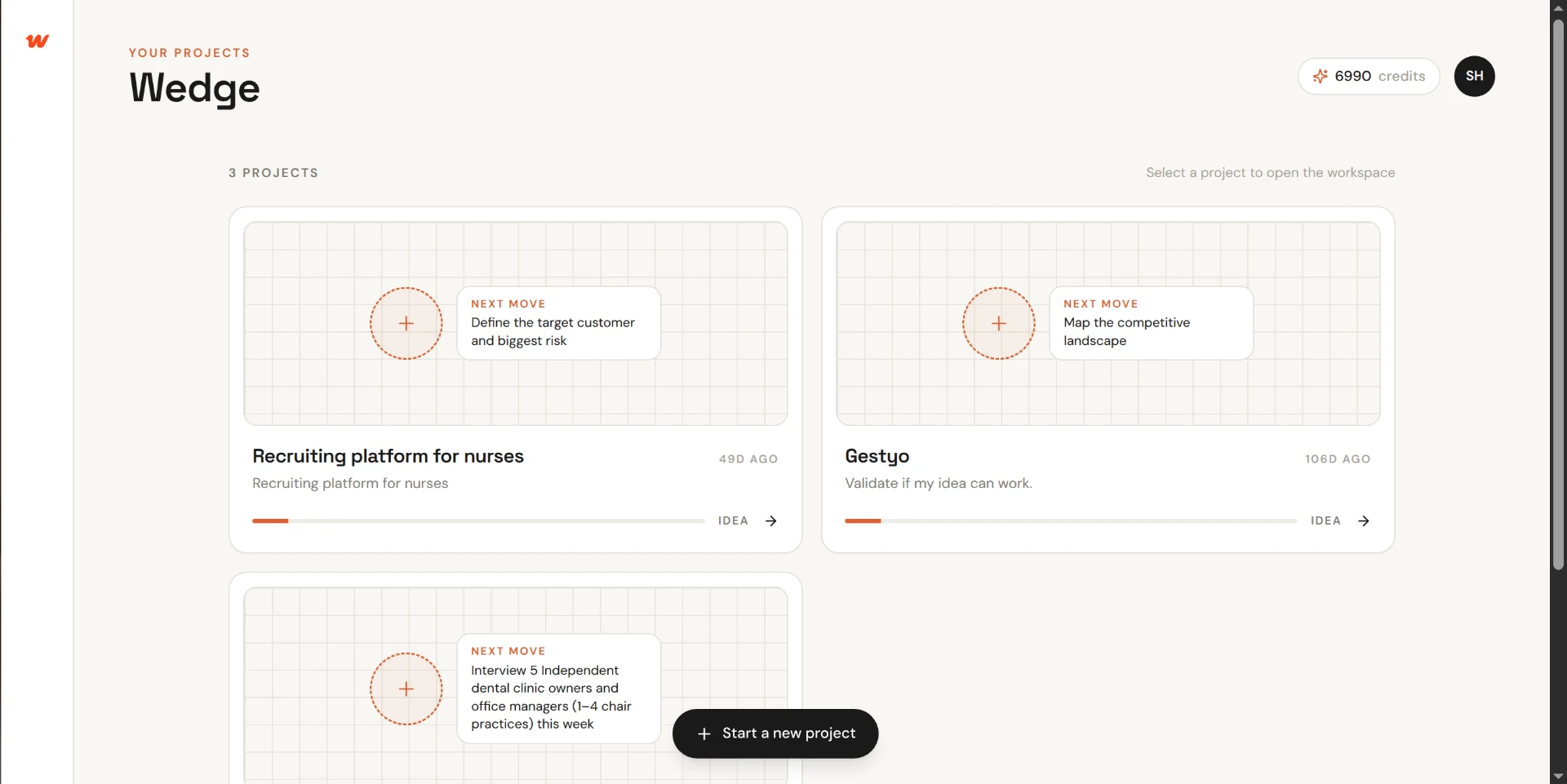 Wedge projects dashboard showing saved validation projects and next moves